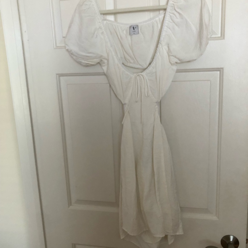 Cream Asymmetrical Tie Front Sundress with Puff Sleeves